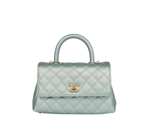 Chanel Mini Coco Flap Bag With Top Handle In Caviar Quilted Calfskin Leather With Gold Hardware Light Blue