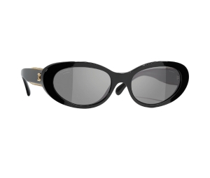 Chanel Oval Sunglasses In Black Acetate Frame-Gold CC Logo-Gold Edge With Grey Lenses