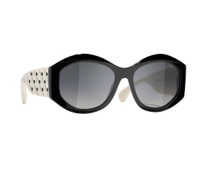 Chanel Oval Sunglasses In Black-White Acetate Frame With Mirror Lenses