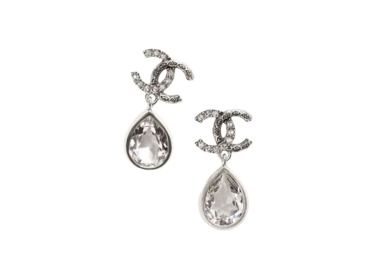 Chanel Pendant Earrings In CC Drop Metal And Diamantés Silver Crystal