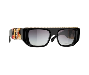 Chanel Rectangle Sunglasses In Black-Orange Acetate-Tweed With Grey-Gradient Lenses