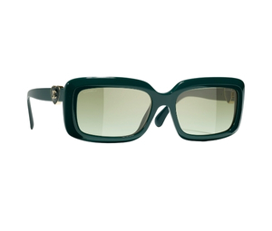 Chanel Rectangle Sunglasses In Green Acetate Frame-Green Heart CC Logo With Mirror Lenses