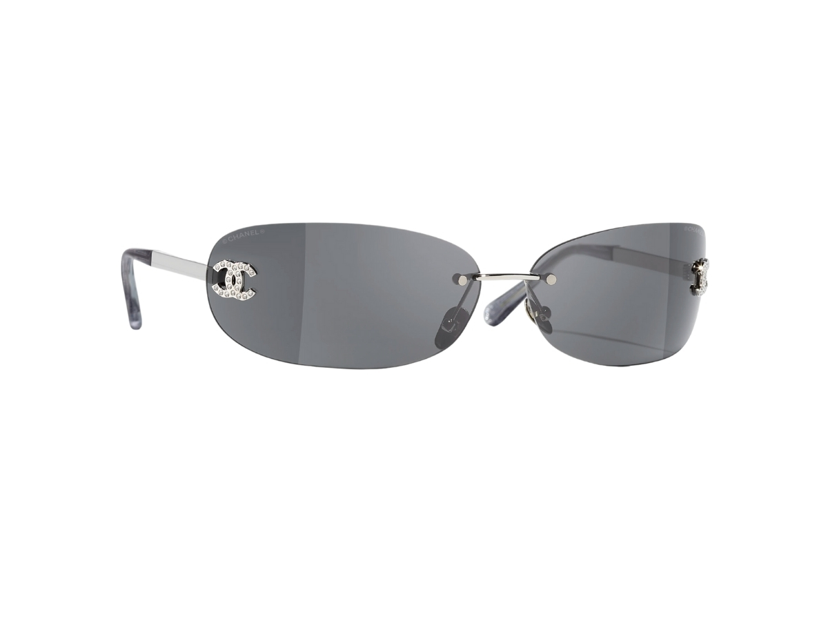 Chanel Rectangle Sunglasses In Silver Metal With Grey Lenses 