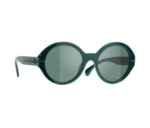 Chanel Round Sunglasses In Green Acetate-Silver CC Logo With Mirror Lenses