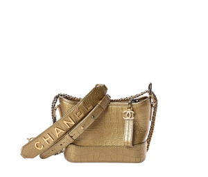 Chanel Small Gabrielle Hobo Bag In Metallic Crocodile Emobssed Calfskin With Gold-Silver Tone Hardware Gold