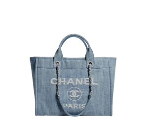 Chanel New Small Deauville Tote Light Blue Silver Hardware