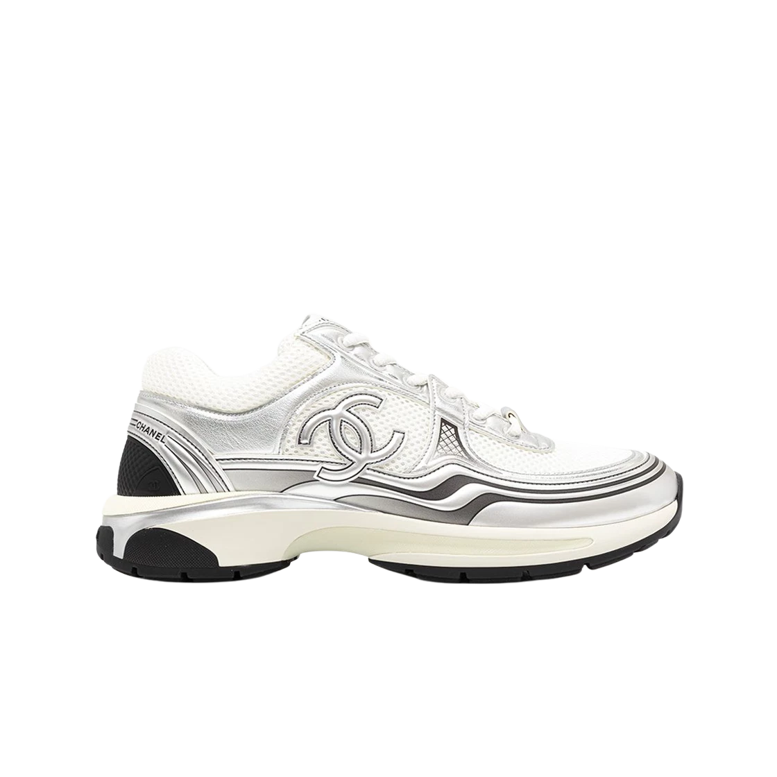 Chanel 23C White Silver Metallic CC Logo Lace Up Flat Runner Trainer  Sneaker 40