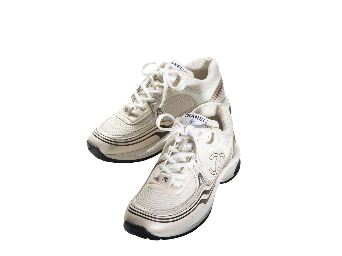 Chanel Women CC Sneakers Fabric Laminated White Silver 1 Cm Heel - LULUX
