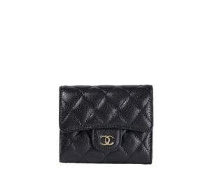 Chanel Tri-Fold Wallet In Grained Calfskin With Champagne Gold Hardware Black