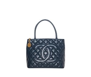 Vintage Chanel Navy Blue Caviar Quilted Medallion Tote - Chanel