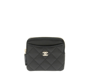 Chanel Zip Card Holder Wallet In Grained Calfskin With Gold Hardware Black