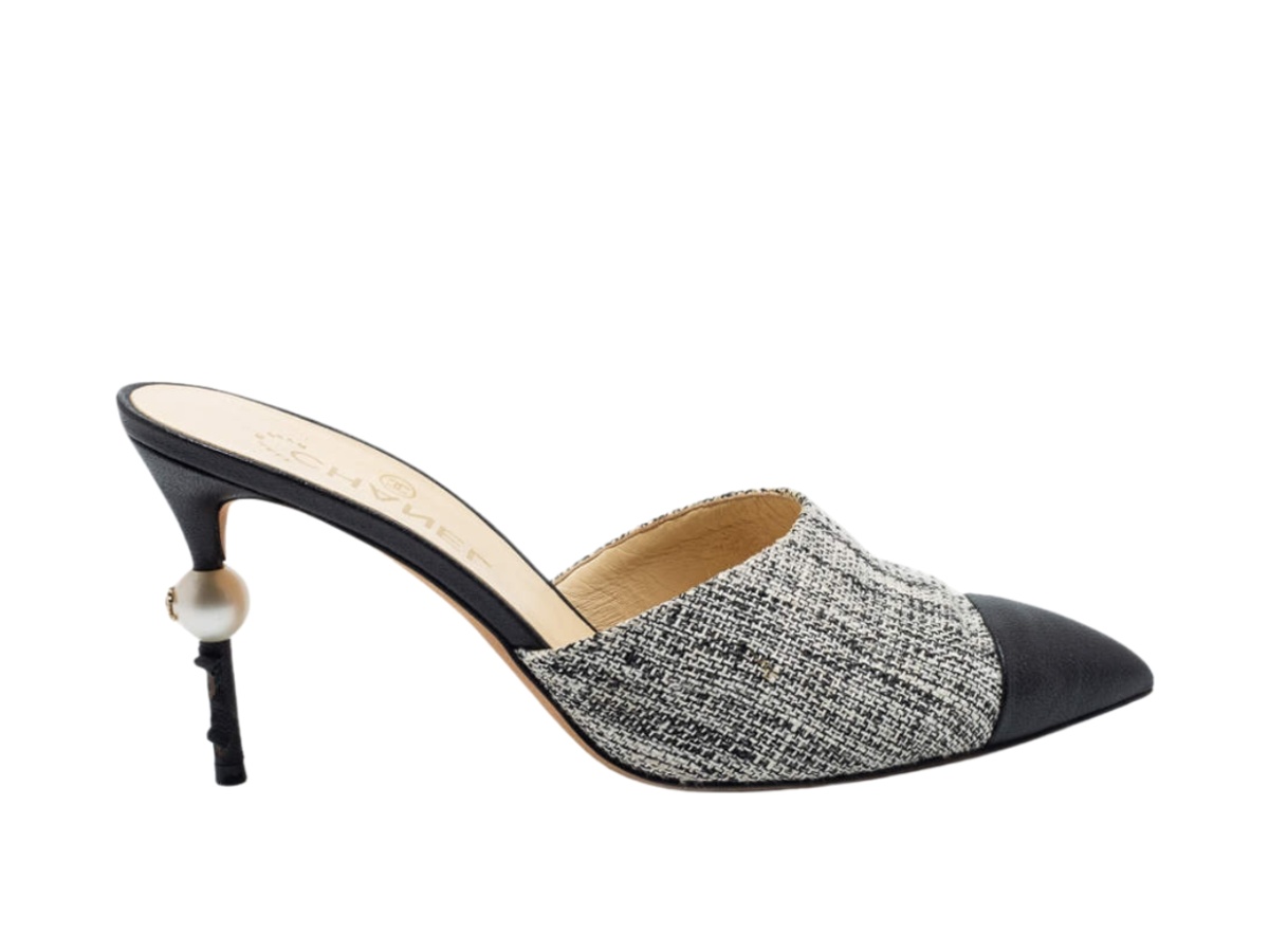 Chanel Tweed Goatskin Pearl Mules In Tweed And Leather With