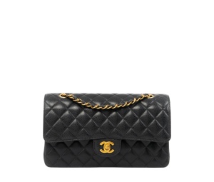 Chanel Classic Medium Double Flap Bag In Black Caviar Quilted With Gold Hardware