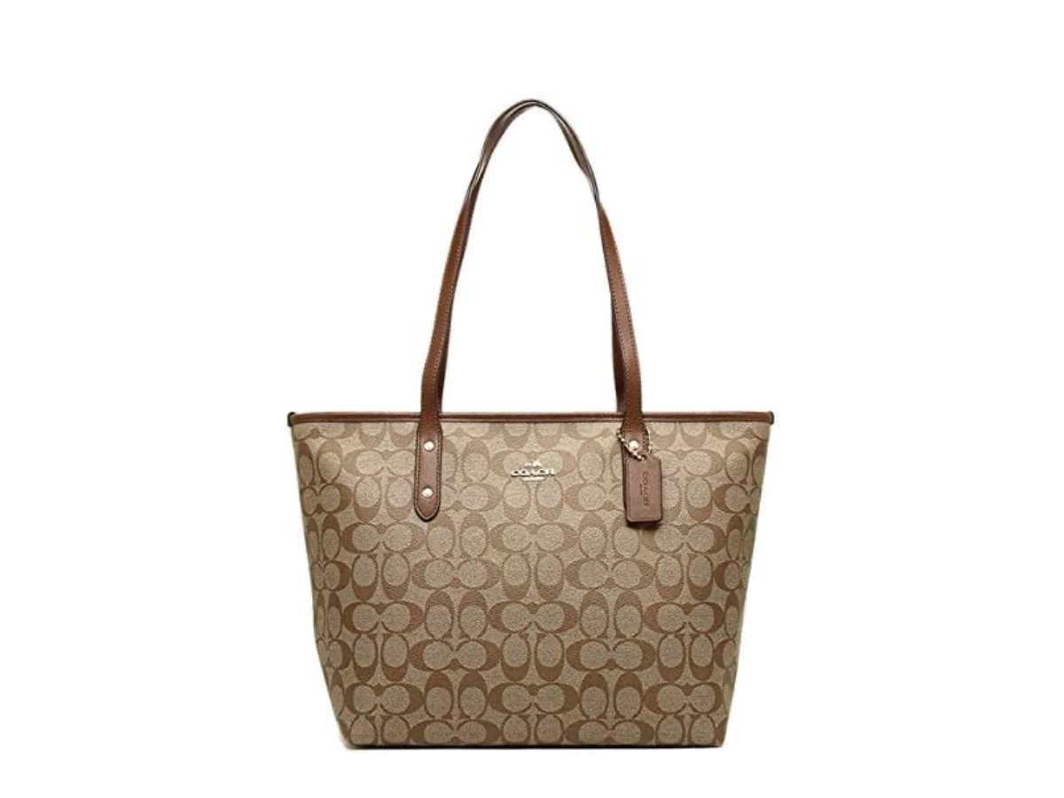 Coach City Zip Tote In Signature With Gold Hardware Khaki Saddle