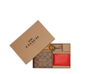 Coach Boxed 3 in 1 wallet Off Set In Colorblock Signature Canvas Khaki Brown-Orange