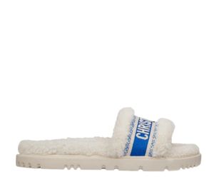 Dior Dway Slide Bright Blue Cotton Embroidery and White Shearling
