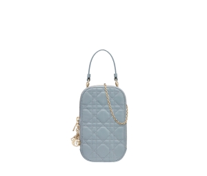 Dior Lady Dior Phone Holder In Cloud Blue Cannage Lambskin With Gold-Tone Hardware