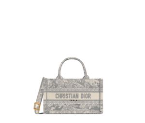 Dior Mini Book Tote With Strap In Gray Toile de Jouy Reverse Embroidery