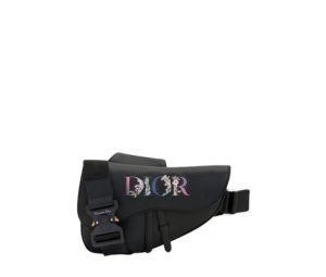 Dior Saddle Bag In Black Grained Calfskin With Flowers Signature