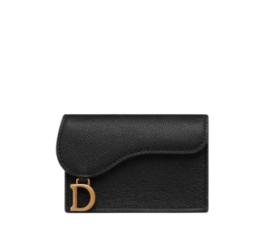Dior Saddle Flap Card Holder In Black Grained Calfskin With D Stirrup
