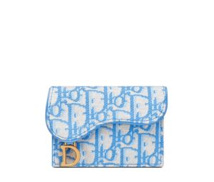 Dior Saddle Flap Card Holder In Cornflower Blue Dior Oblique Jacquard