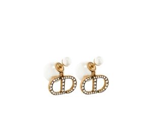 Dior Tribales Earrings In Antique Gold Finish Metal With White Resin Pearls And White Crystals