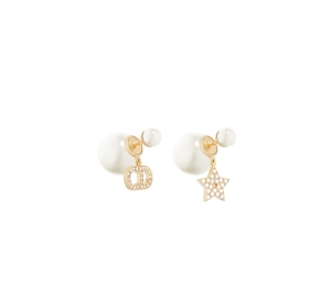 Dior Tribales Earrings In CD And Star Charm Gold-Finish Metal With White Resin Pearls And Silver-Tone Crystals