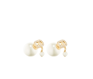 Dior Tribales Earrings In CD Signature Gold-Finish Metal White Resin Pearls And White Crystals