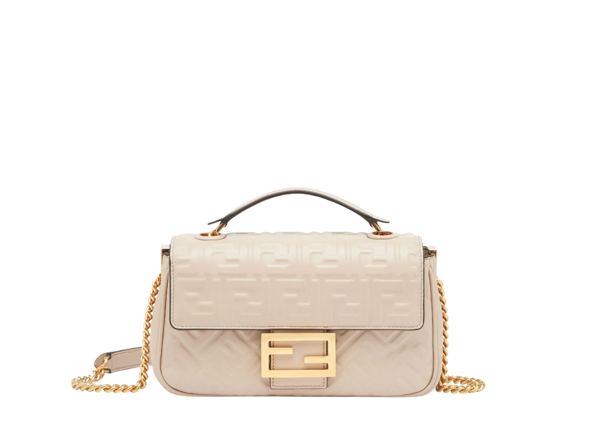 FENDI Baguette Leather Chain Shoulder Bag Light Beige