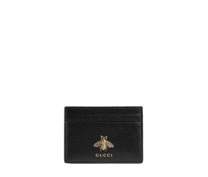 Gucci Animalier Leather Card Case In Black Metal-Free Tanned Leather With Metal Bee Antique Gold-Toned Hardware