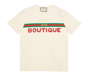 Gucci Boutique Print T-Shirt In Off-White Cotton Jersey With Gucci Boutique-Web And Horsebit Print Crewneck