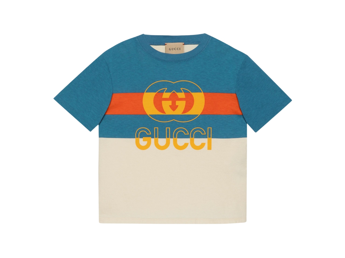 Gucci Children's Cotton T-Shirt With Web In Ivory-Orange And Blue Cotton  Jersey With Interlocking G Gucci Print