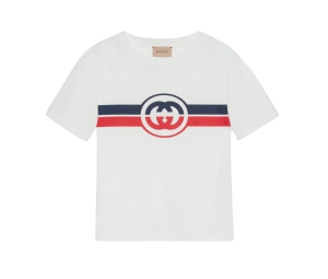 Gucci Children's Printed Cotton T-shirt In White-Navy-Red Cotton