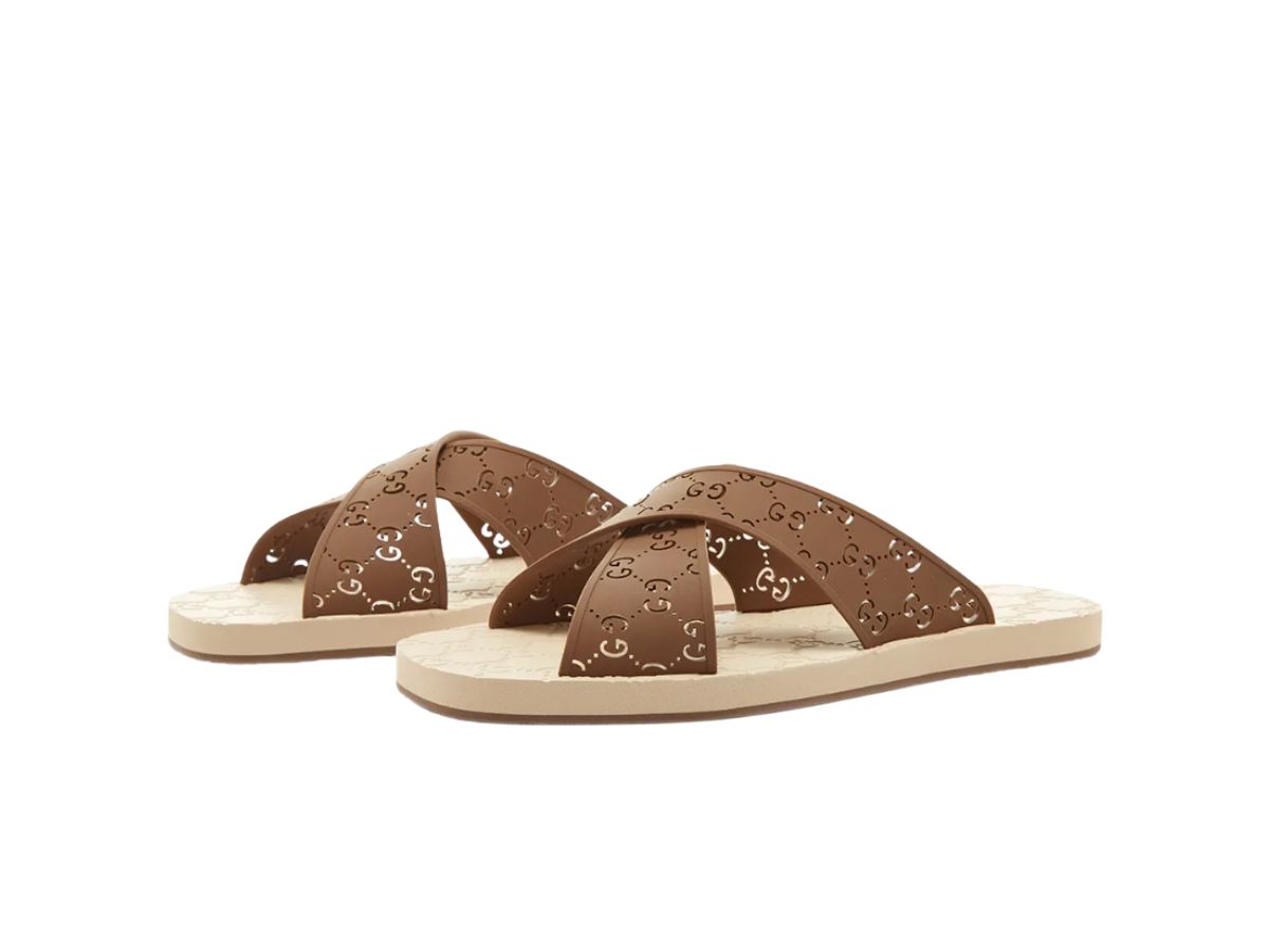 SASOM shoes Gucci Cross Strap GG Rubber Sandal Hazelnut Beige