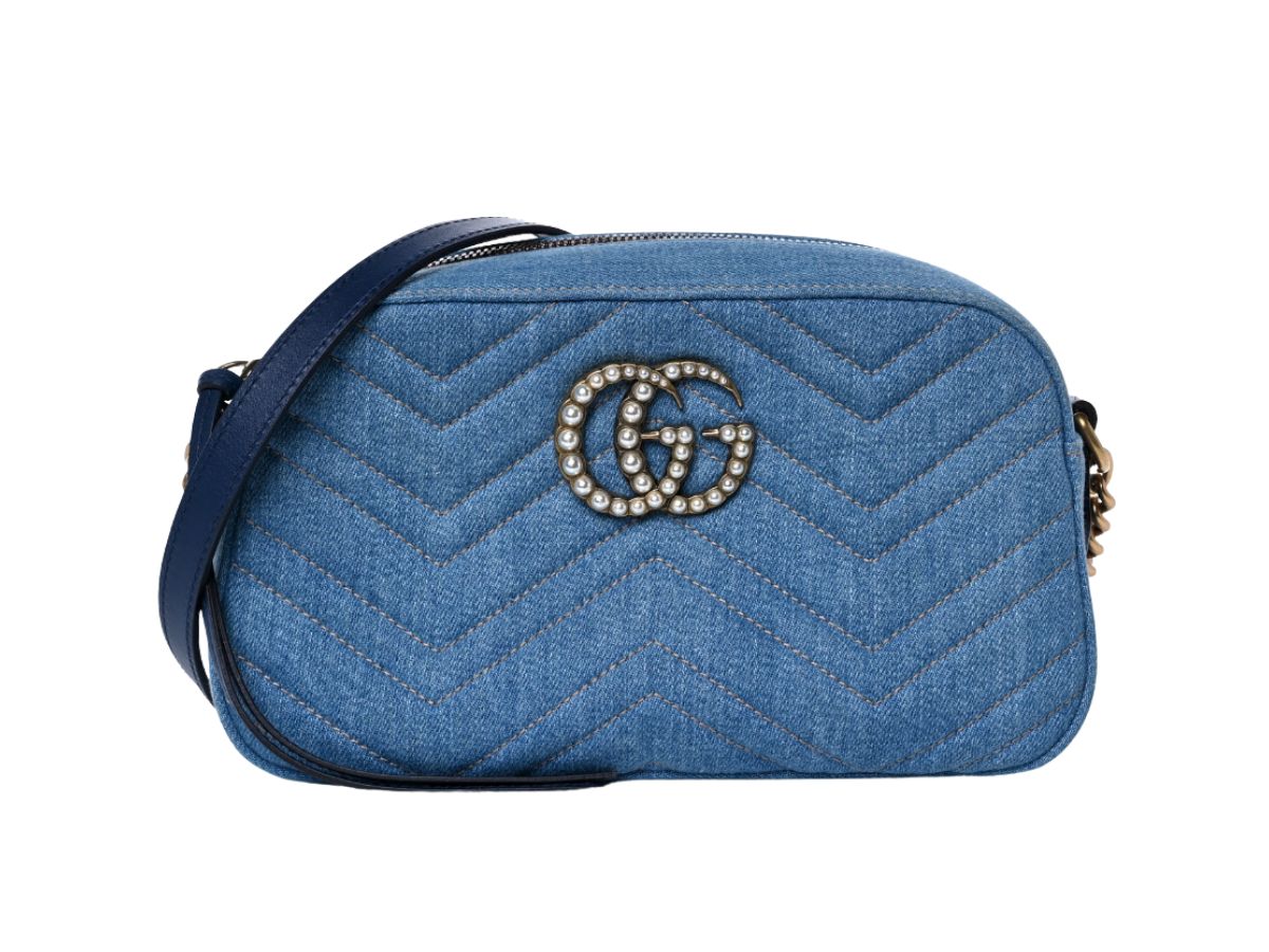 Gucci Gg Marmont 2.0 Imitation Pearl Embellished Denim Crossbody Bag in  Blue | Lyst Australia