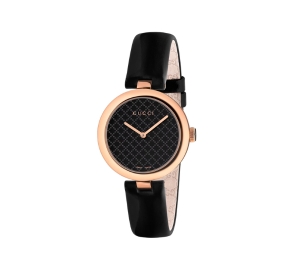 Buy Gucci Diamantissima Watch 32MM In Rose Gold And Black PVD Case With Black Lacquered Diamante Pattern Dial at Sasom – Authentic and Ready to Ship