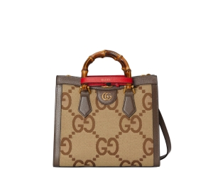 Gucci Diana Small Tote Bag In Camel-Ebony Jumbo GG Canvas-Bamboo Handle With Double G Shiny Antique Gold-Toned Hardware