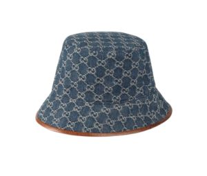 Gucci GG Canvas Bucket Hat In Blue Jacquard Denim With Brown Leather Trim