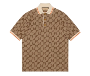 Gucci GG Cotton Silk Polo Shirt With Gold-Toned Metal Buttons Beige and Ebony