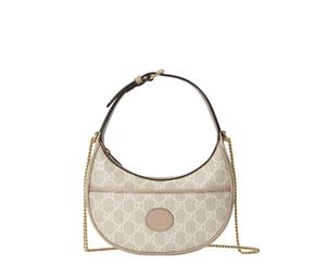 Gucci GG Half-Moon-Shaped Mini Bag In Beige And White GG Supreme Canvas With Gold-Toned Hardware