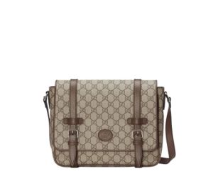 Gucci GG Messenger Bag In Beige-Ebony GG Supreme Canvas With Brown Leather Trim