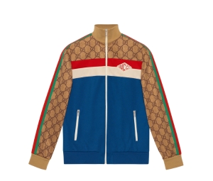 Gucci GG Technical Jersey Jacket In Camel And Brown GG Technical Jersey With Blue-Red-White