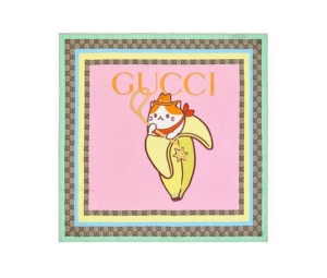Gucci GG Web Stars Cartoon Printed In Pink Silk Bananya Scarf