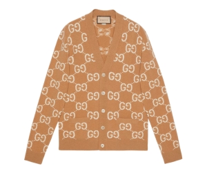 Gucci GG Wool Jacquard Cardigan Camel and Ivory