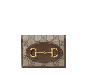 Gucci Horsebit 1955 Card Case Wallet In Beige Ebony GG Supreme Canvas With Brown Trim Gold-Toned Hardware