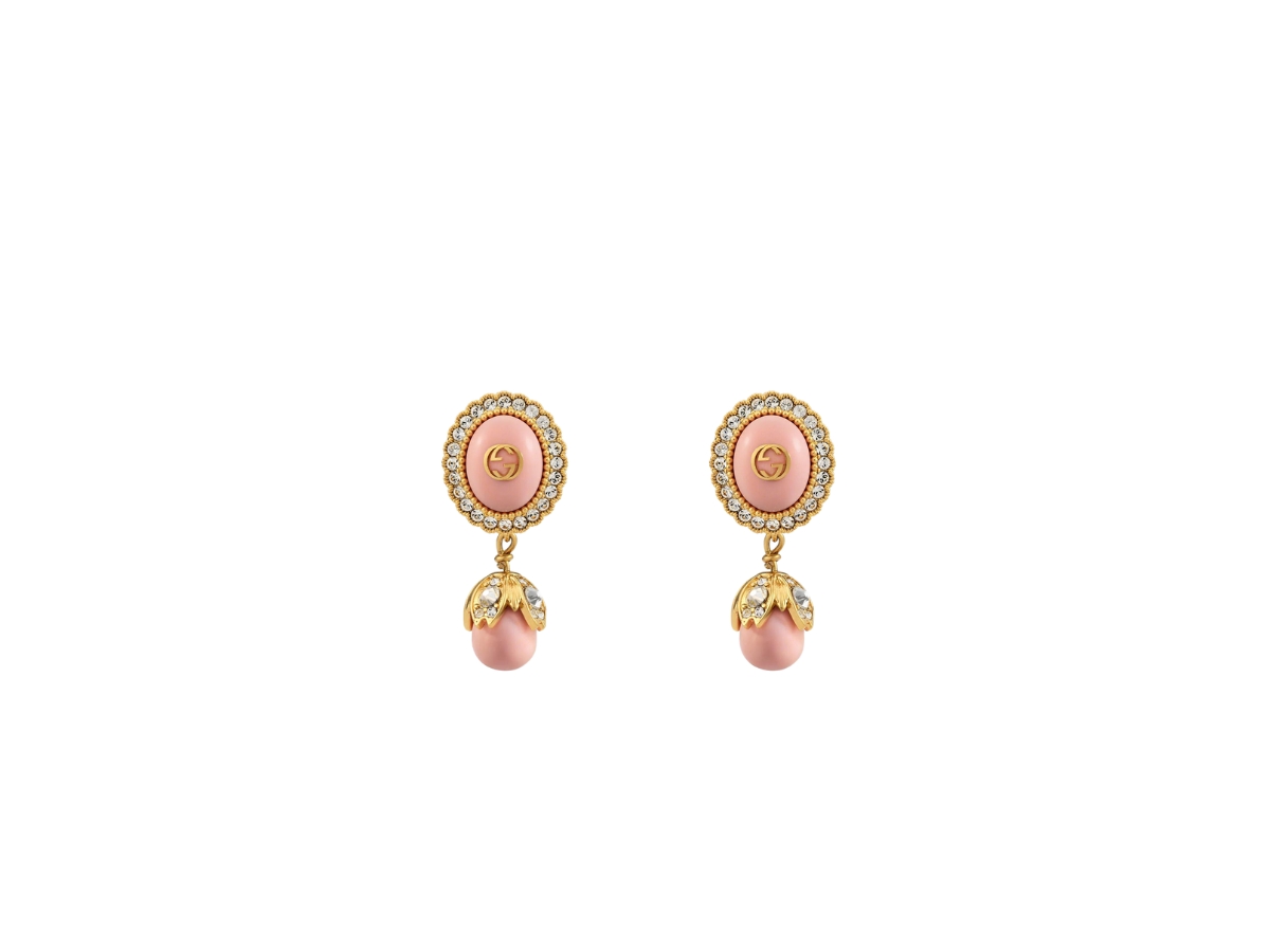 Gucci Interlocking G Pearl Earrings In Pink Resin Drop Pearl