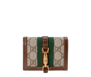 Gucci Jackie 1961 Card Case Wallet In  GG Supreme Canvas With Gold-Toned Hardware Beige Ebony