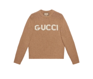 Gucci Knit Wool Jumper With Gucci Intarsia Camel Ivory
