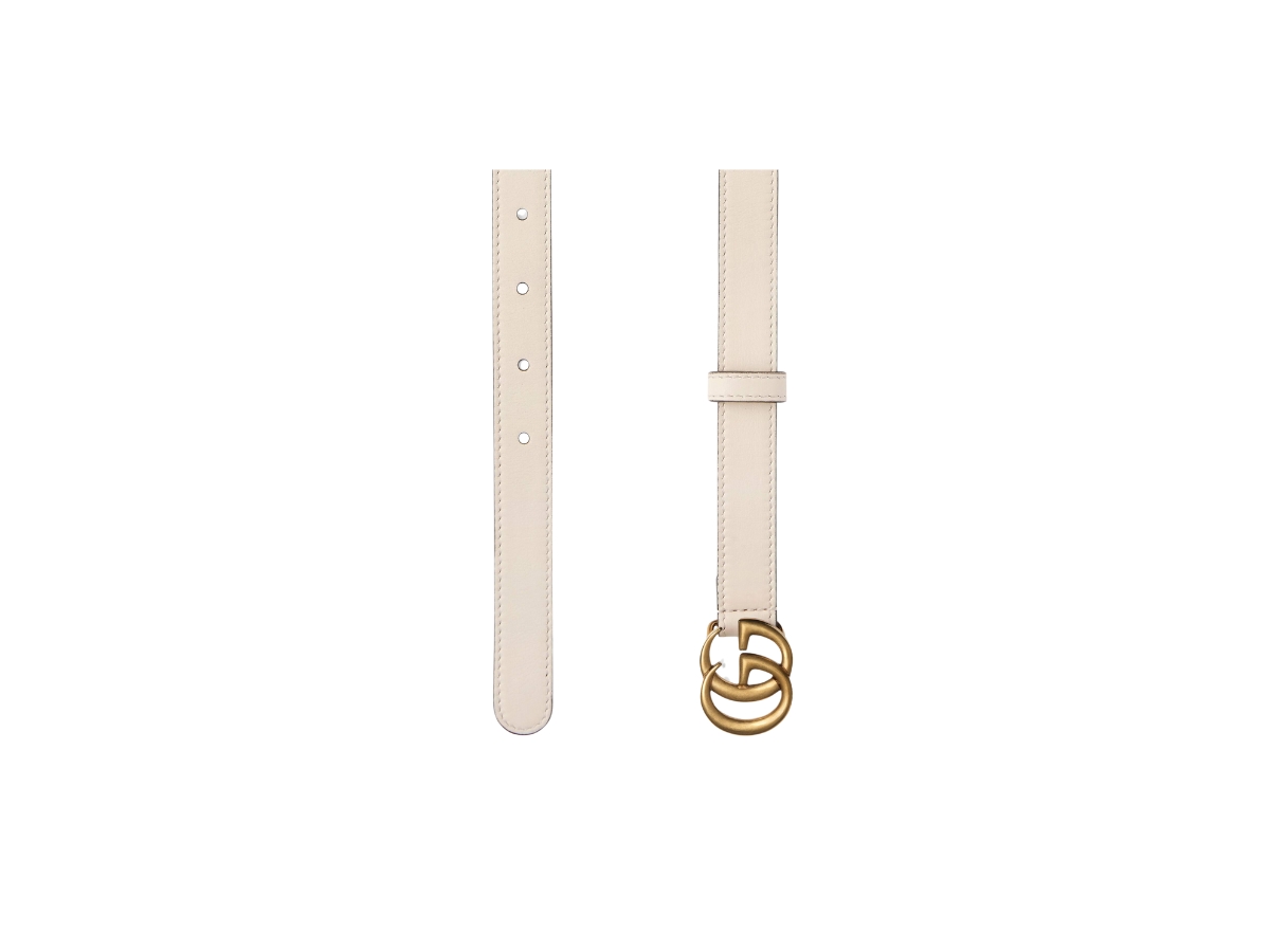 Gucci GG Marmont Thin Leather Belt 20MM In White Leather With Double G Buckle Antique Brass Hardware 