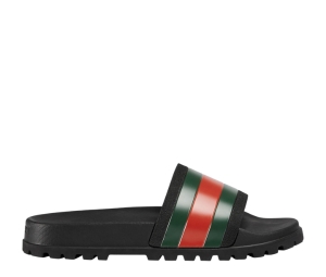 Gucci Men's Web Rubber Slide Sandal In Black Rubber-Green And Red Web With Molded Rubber Footbed